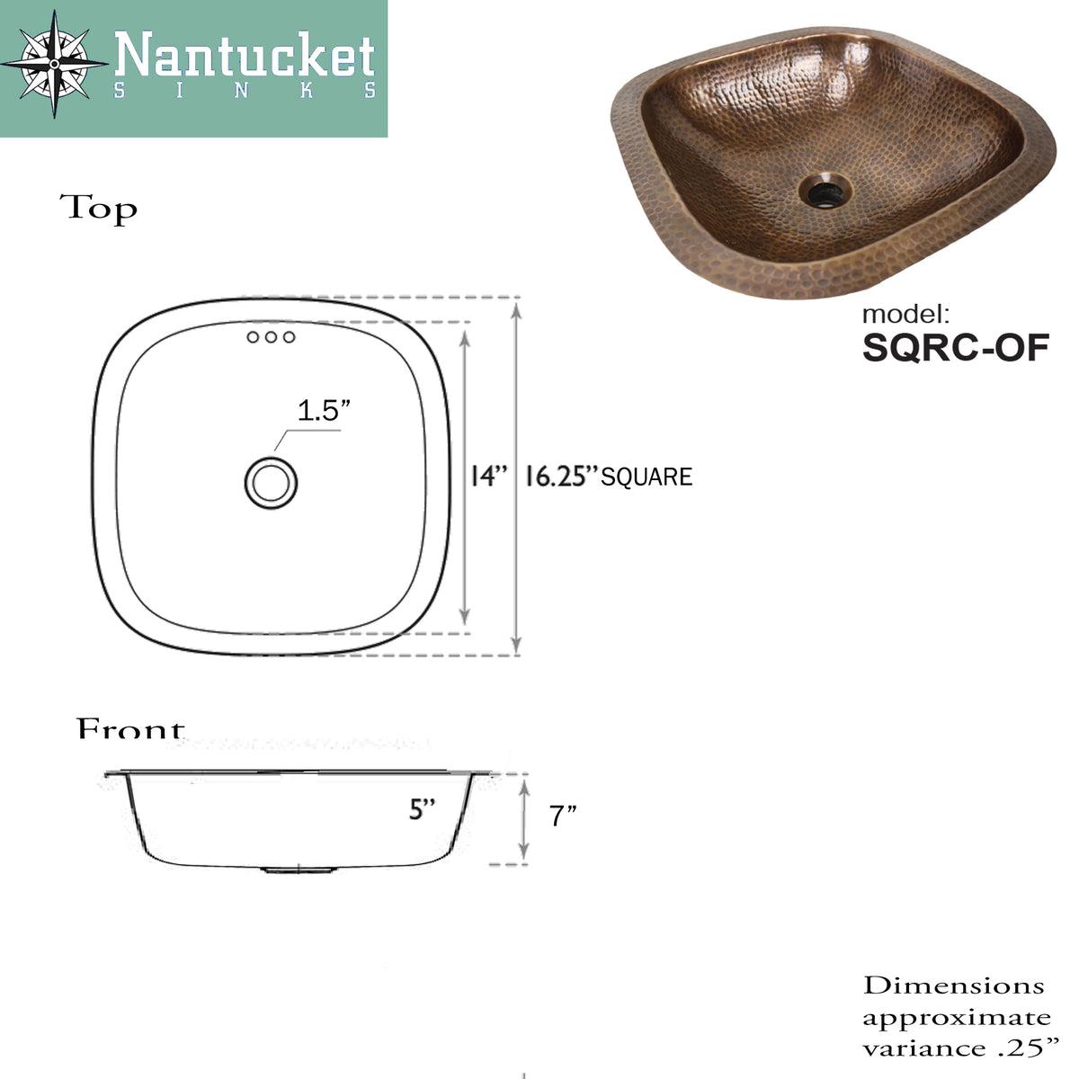 Nantucket Sinks Brightwork Home 16" Copper Bathroom Sink, Light Copper, SQRC-OF