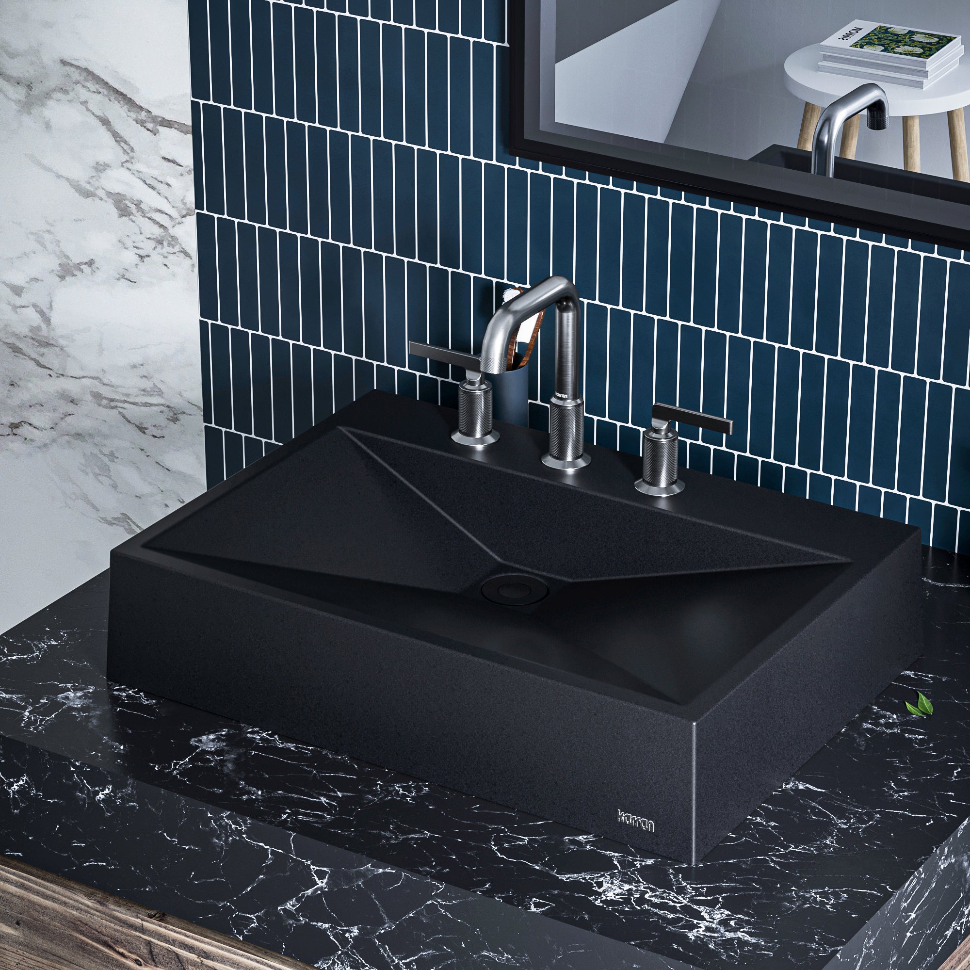 Karran Sternhagen Envy 24.25" x 17.5" Rectangular Vessel Quartz Composite ADA Bathroom Sink, Black, SQS100BL
