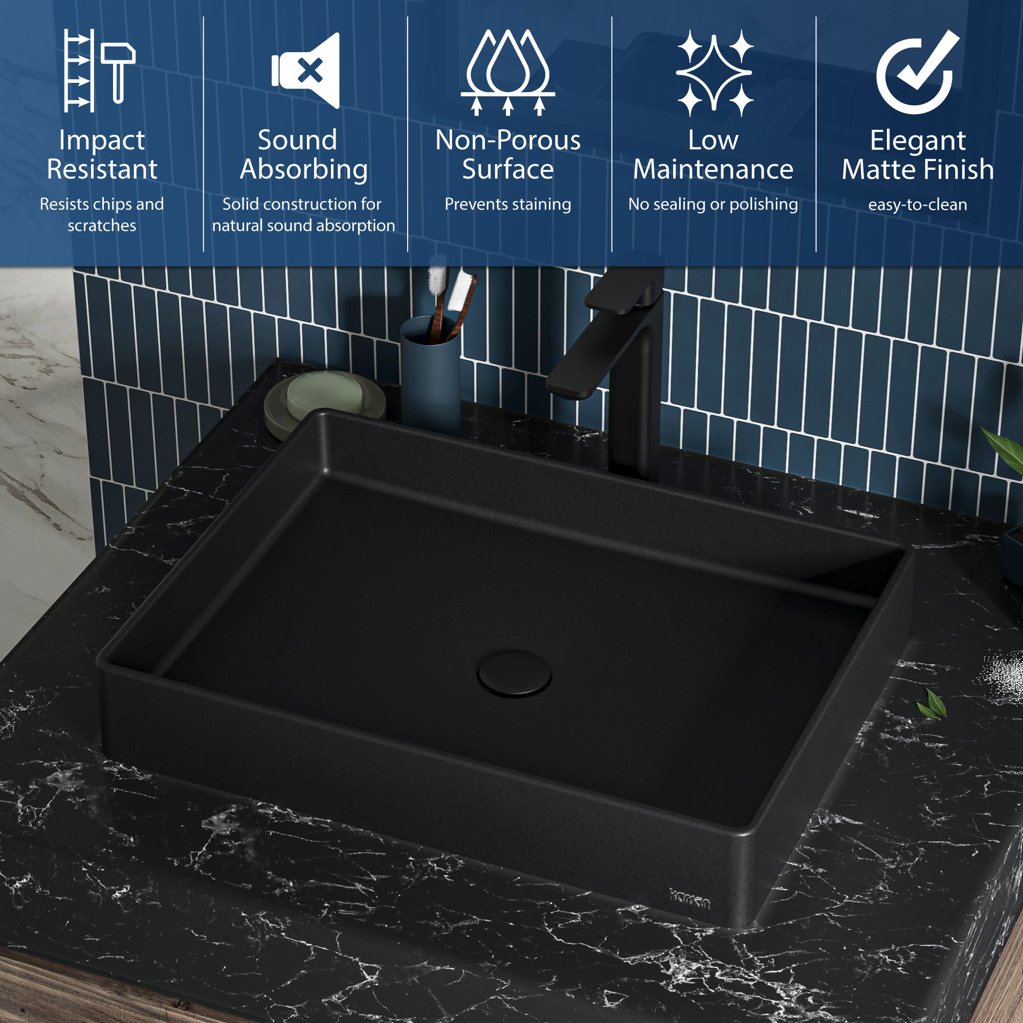 Alternate Image for Karran Sternhagen 17.75" x 23.625" Rectangular Vessel Quartz Composite ADA Bathroom Sink, Black, SQS500BL