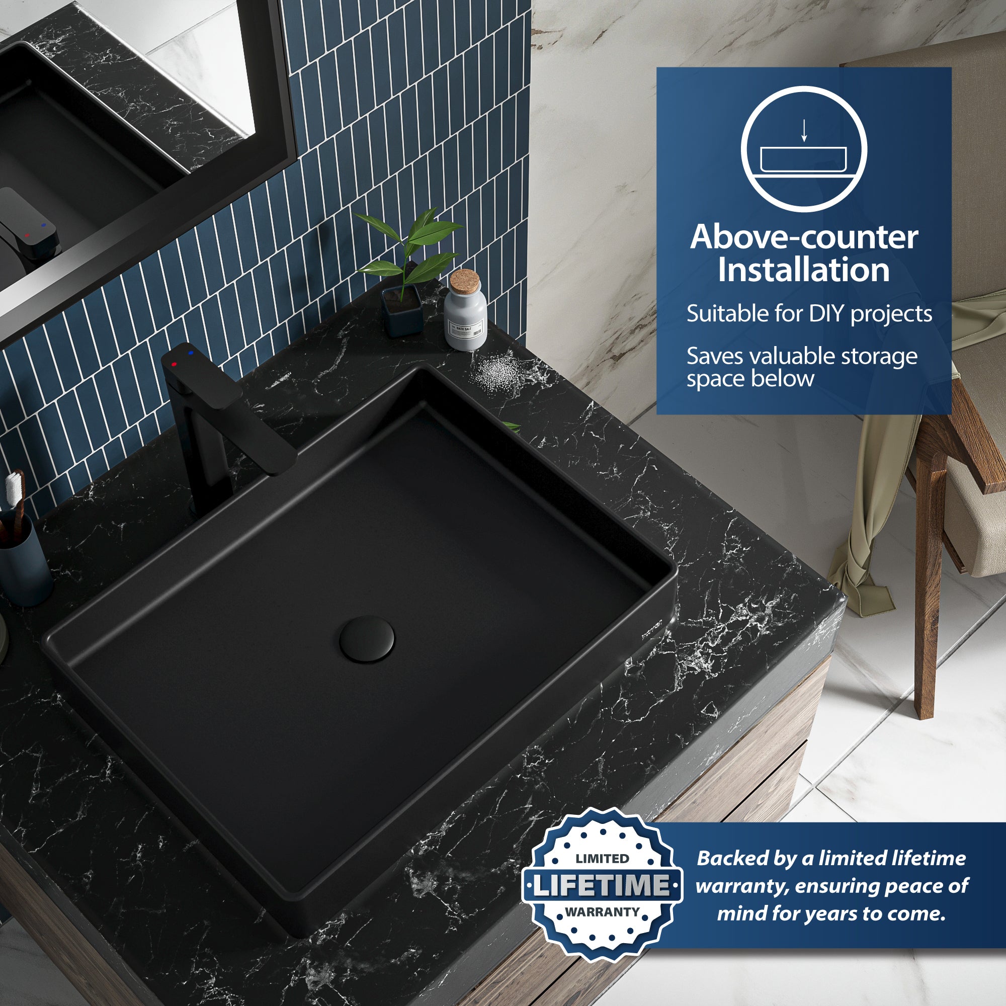 Alternate Image for Karran Sternhagen 17.75" x 23.625" Rectangular Vessel Quartz Composite ADA Bathroom Sink, Black, SQS500BL
