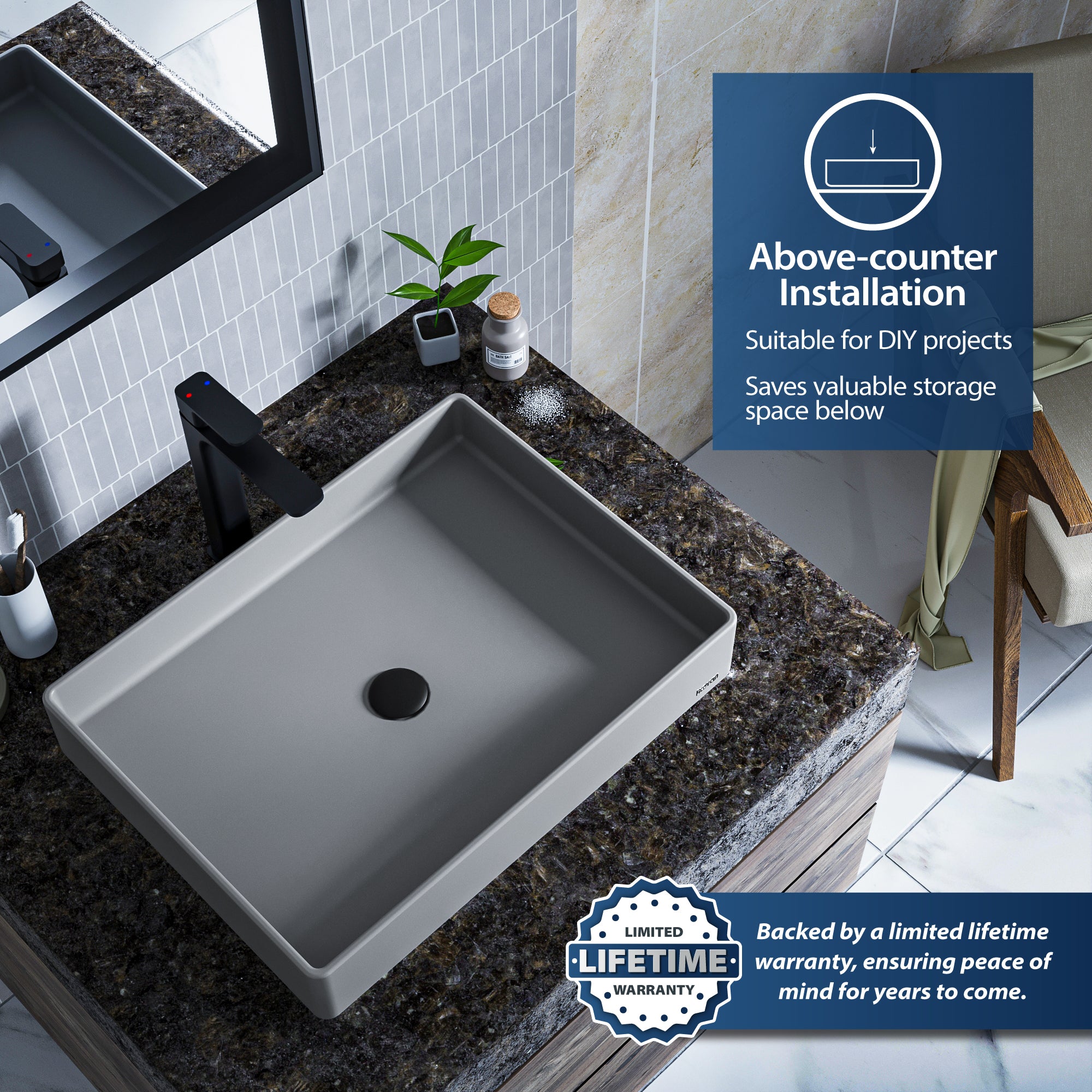 Alternate Image for Karran Sternhagen 17.75" x 23.625" Rectangular Vessel Quartz Composite ADA Bathroom Sink, Grey, SQS500GR