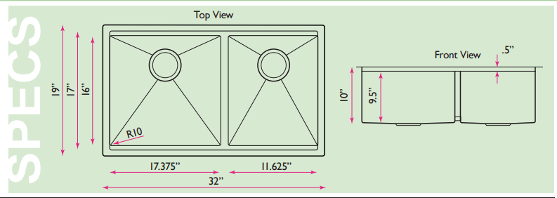 Alternate Image for Nantucket Sinks Pro Series 32" Stainless Steel Workstation Kitchen Sink, 16 Gauge, 60/40 Double Bowl, SR-PS-3219-OS-16