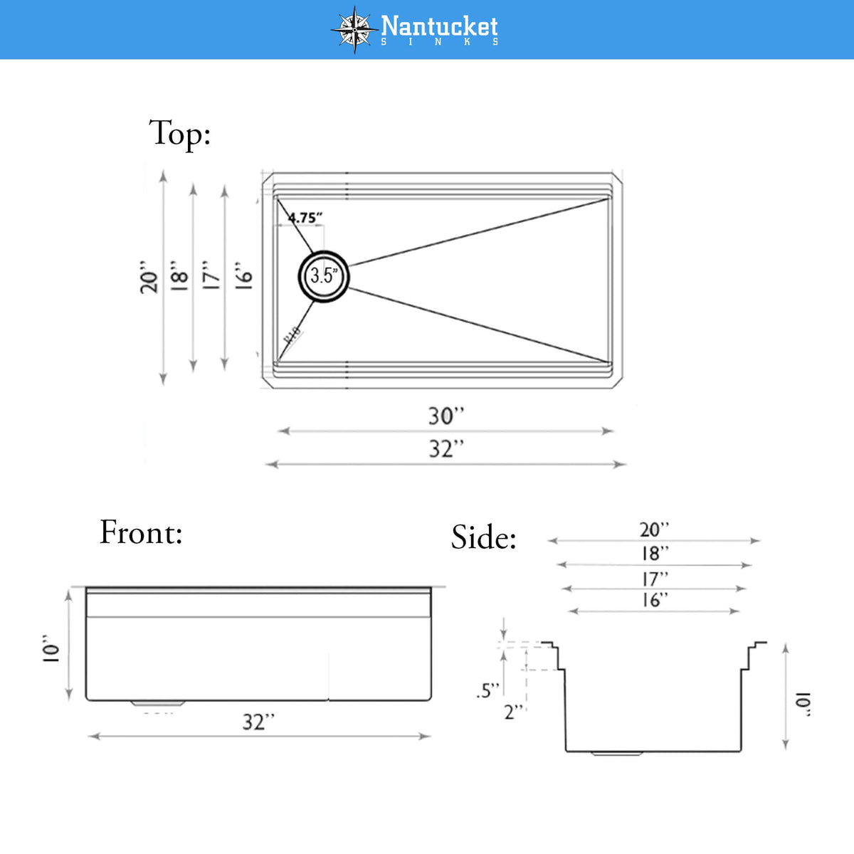 Nantucket Sinks Pro Series 32" Undermount 304 Stainless Steel Kitchen Sink with Accessories, 16 Gauge, SR-PS-3220-OSD