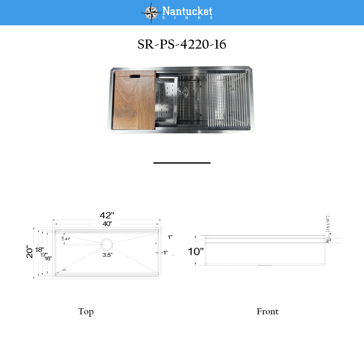 Nantucket Sinks Pro Series 42" Undermount 304 Stainless Steel Kitchen Sink with Accessories, 16 Gauge, SR-PS-4220-16