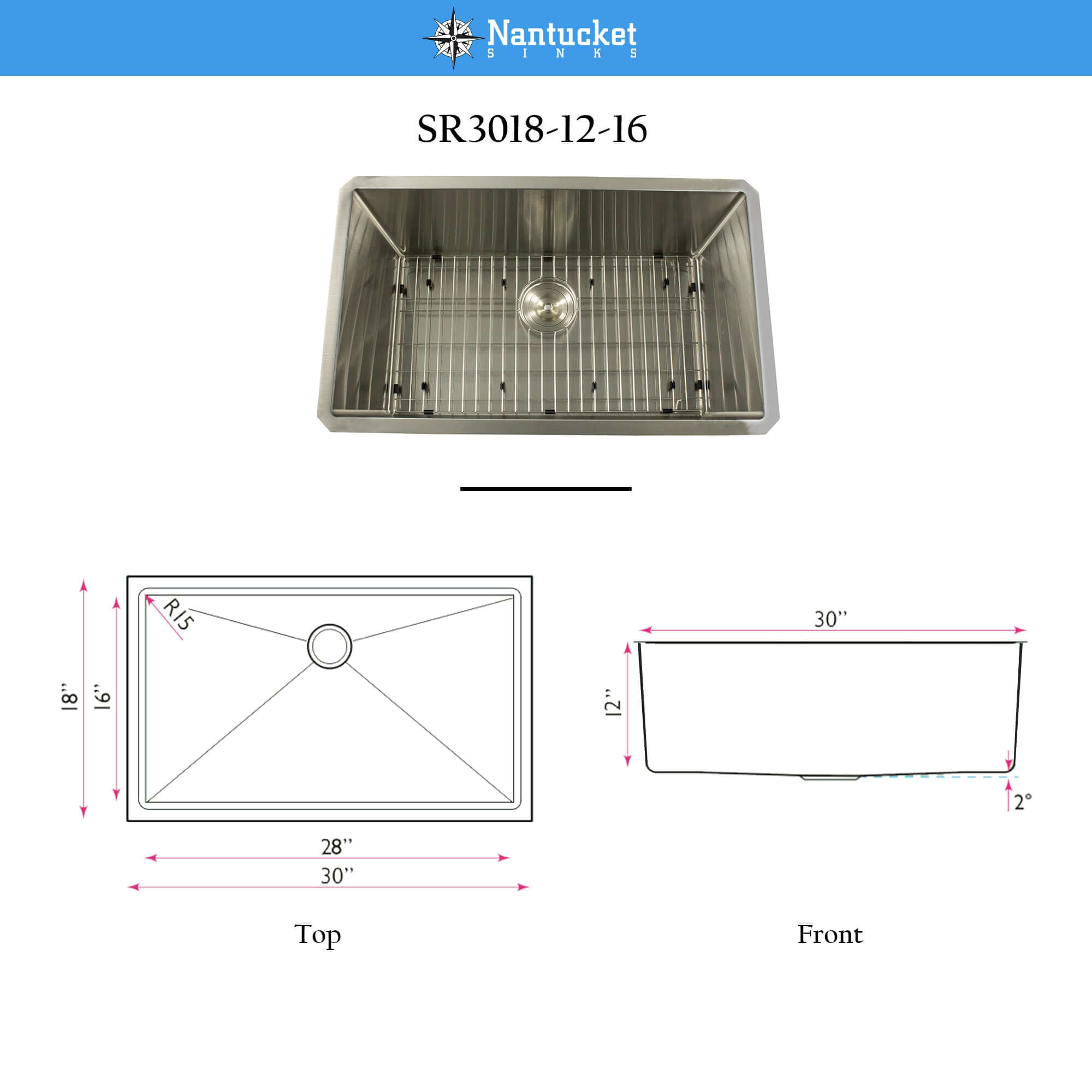 Nantucket Sinks Pro Series 30" Undermount 304 Stainless Steel Kitchen Sink, SR3018-12-16