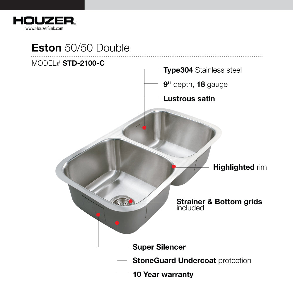 Alternate Image for Houzer Eston 31 inch Stainless Steel Undermount 50/50 Double Bowl Kitchen Sink with Strainer & Grid - 18 Gauge, STD-2100-C