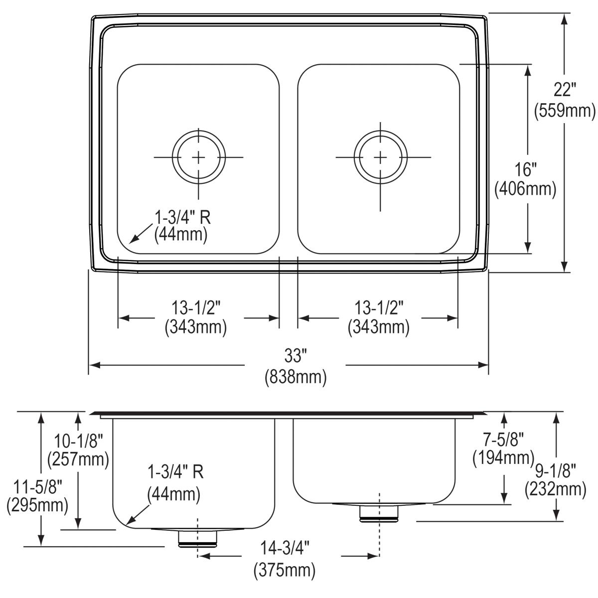 Alternate Image for Elkay Lustertone Classic 33" Drop In/Topmount Stainless Steel Kitchen Sink, 50/50 Double Bowl, Lustrous Satin, 1 Faucet Hole, Perfect Drain, STLR3322LPD1