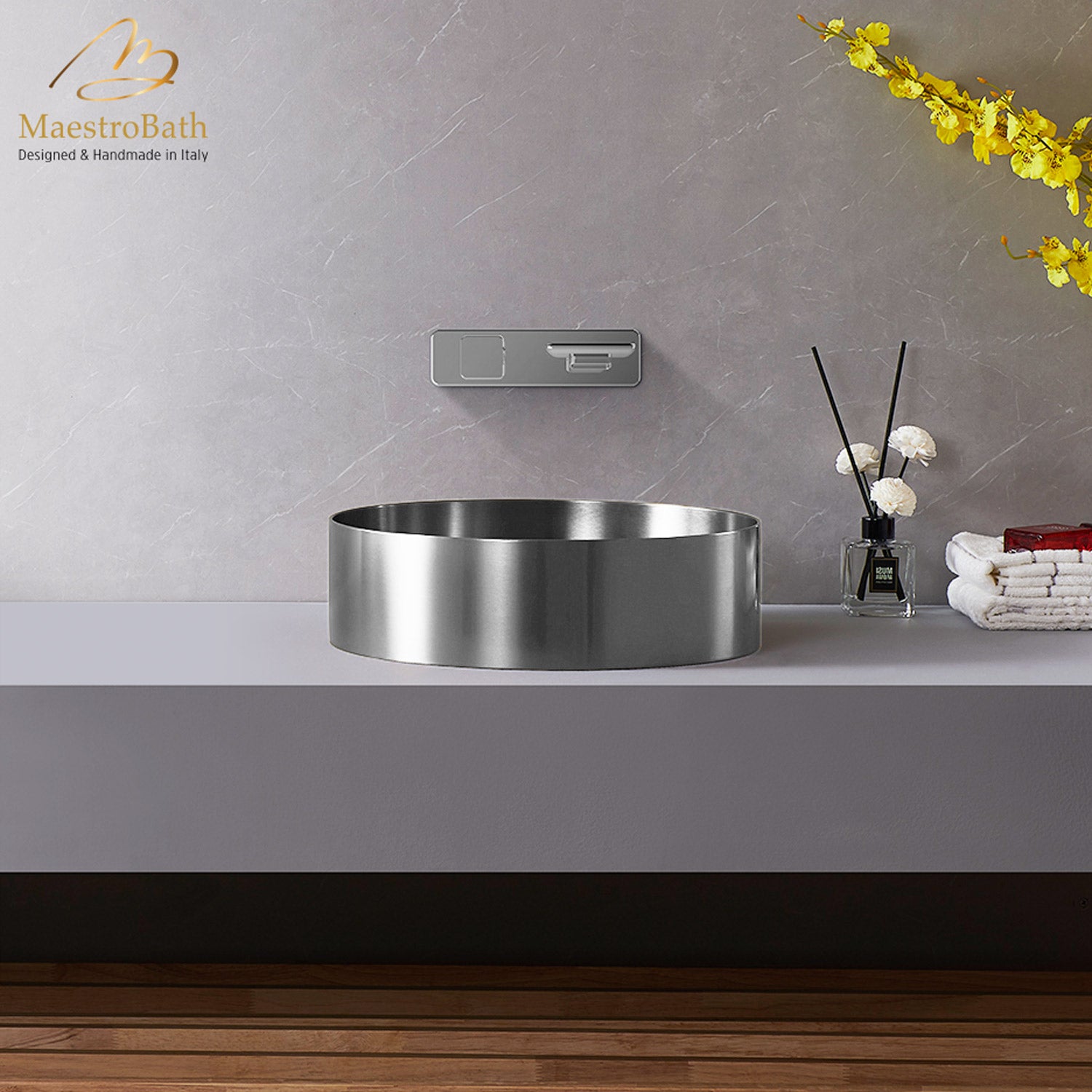 MaestroBath 16" Regina Modern Round Vessel ADA Bathroom Sink, Brushed Silver, Stainless Steel, STN-RGN-BRS