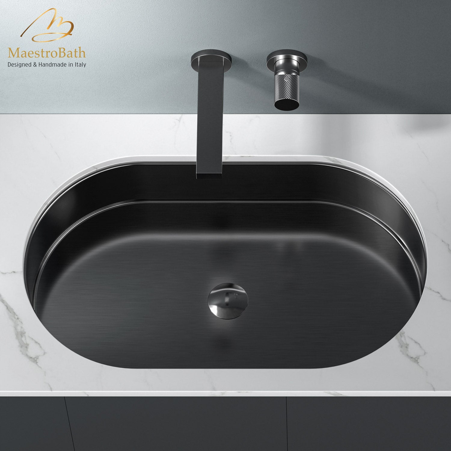 MaestroBath 15" Raggio Modern Oval Under-Mount ADA Rectangle Bathroom Sink, Gun Metal, Stainless Steel, STN-RAG-GUM