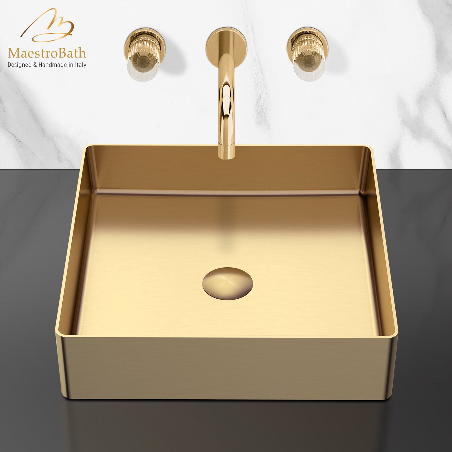 MaestroBath 16" Stella Modern Square Vessel ADA Bathroom Sink, Brushed Gold, Stainless Steel, STN-STL-BRG