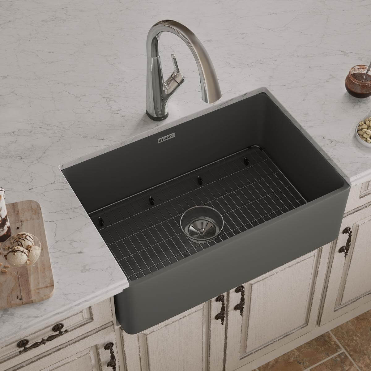 Elkay 30" Fireclay Farmhouse Sink Kit with Faucet, Single Bowl Matte Gray, SWUF28179MGFLC