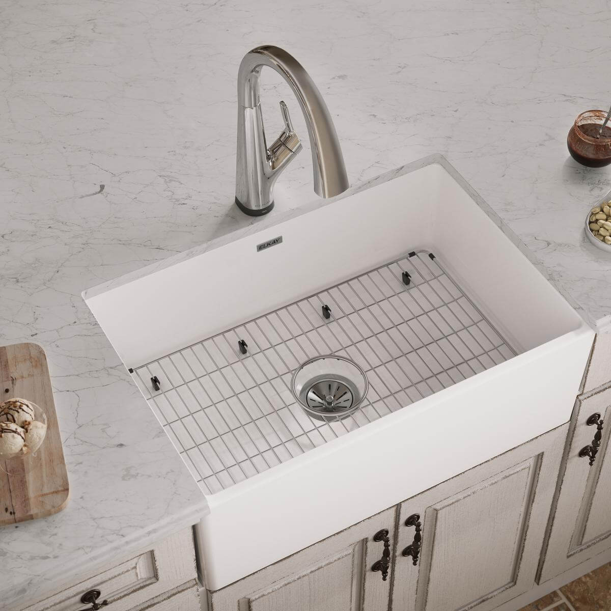 Elkay 30" Fireclay Farmhouse Sink Kit with Faucet, Single Bowl White, SWUF28179WHFLC