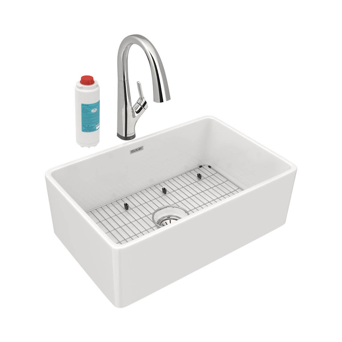 Elkay 30" Fireclay Farmhouse Sink Kit with Faucet, Single Bowl White, SWUF28179WHFLC
