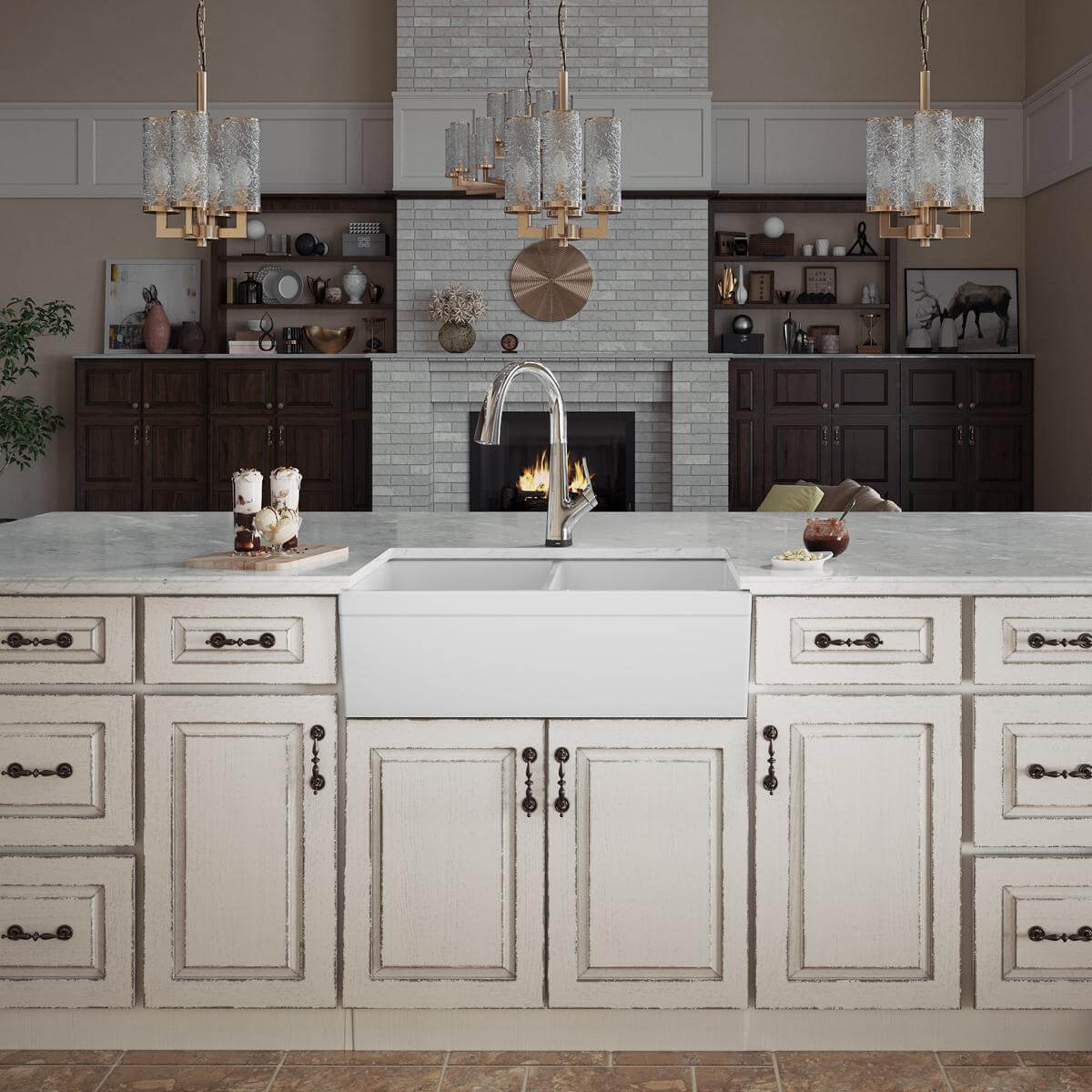 Alternate Image for Elkay 33" Fireclay Farmhouse Sink Kit with Faucet, 50/50 Double Bowl, White, SWUF32189WHFLC