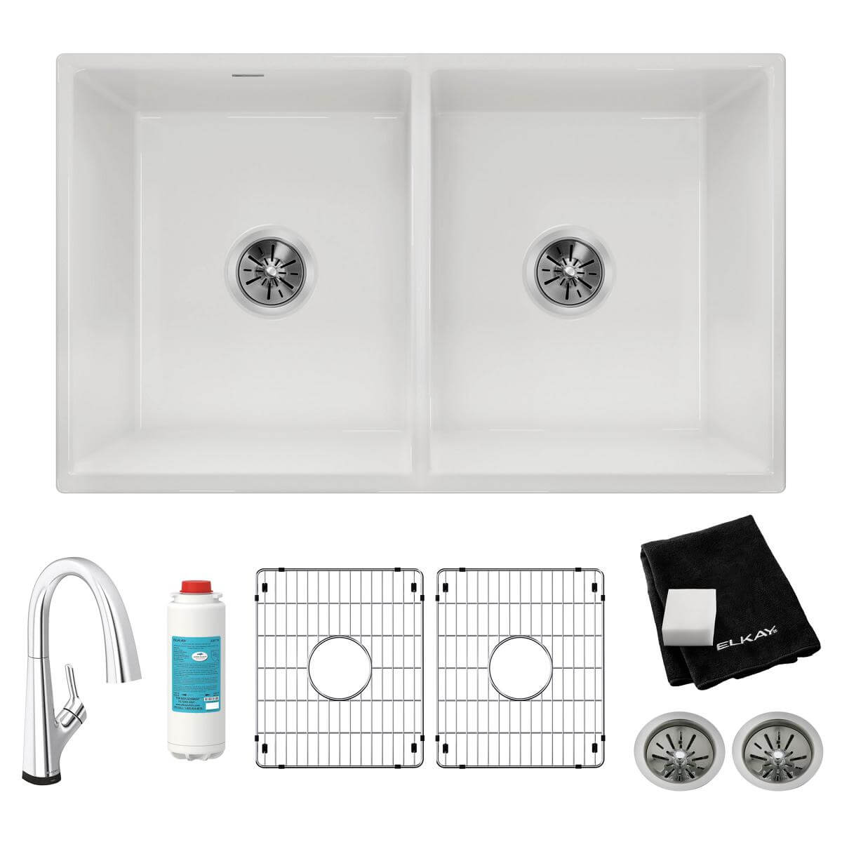 Alternate Image for Elkay 33" Fireclay Farmhouse Sink Kit with Faucet, 50/50 Double Bowl, White, SWUF32189WHFLC