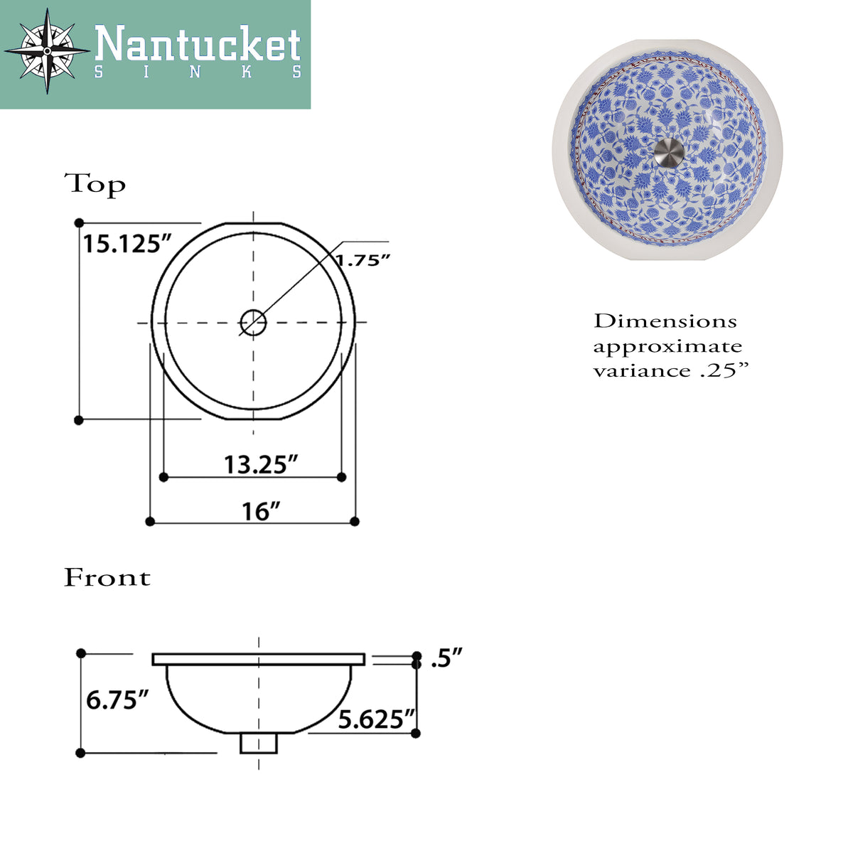 Nantucket Sinks Regatta 16" Fireclay Bathroom Sink, White/Blue/Red, RC78140M