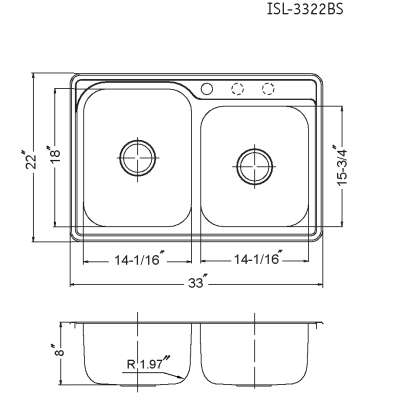 Alternate Image for Houzer 33" Stainless Steel Topmount 60/40 Double Bowl Kitchen Sink, 20 Gauge, ISL-3322BS1-1