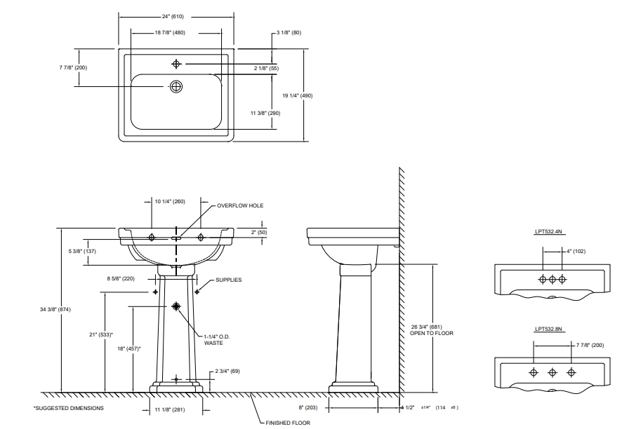 Alternate Image for TOTO Promenade 24" x 19-1/4" Rectangular Pedestal Bathroom Sink for 8 inch Center Faucets, Cotton White, Vitreous China, LPT532.8N#01