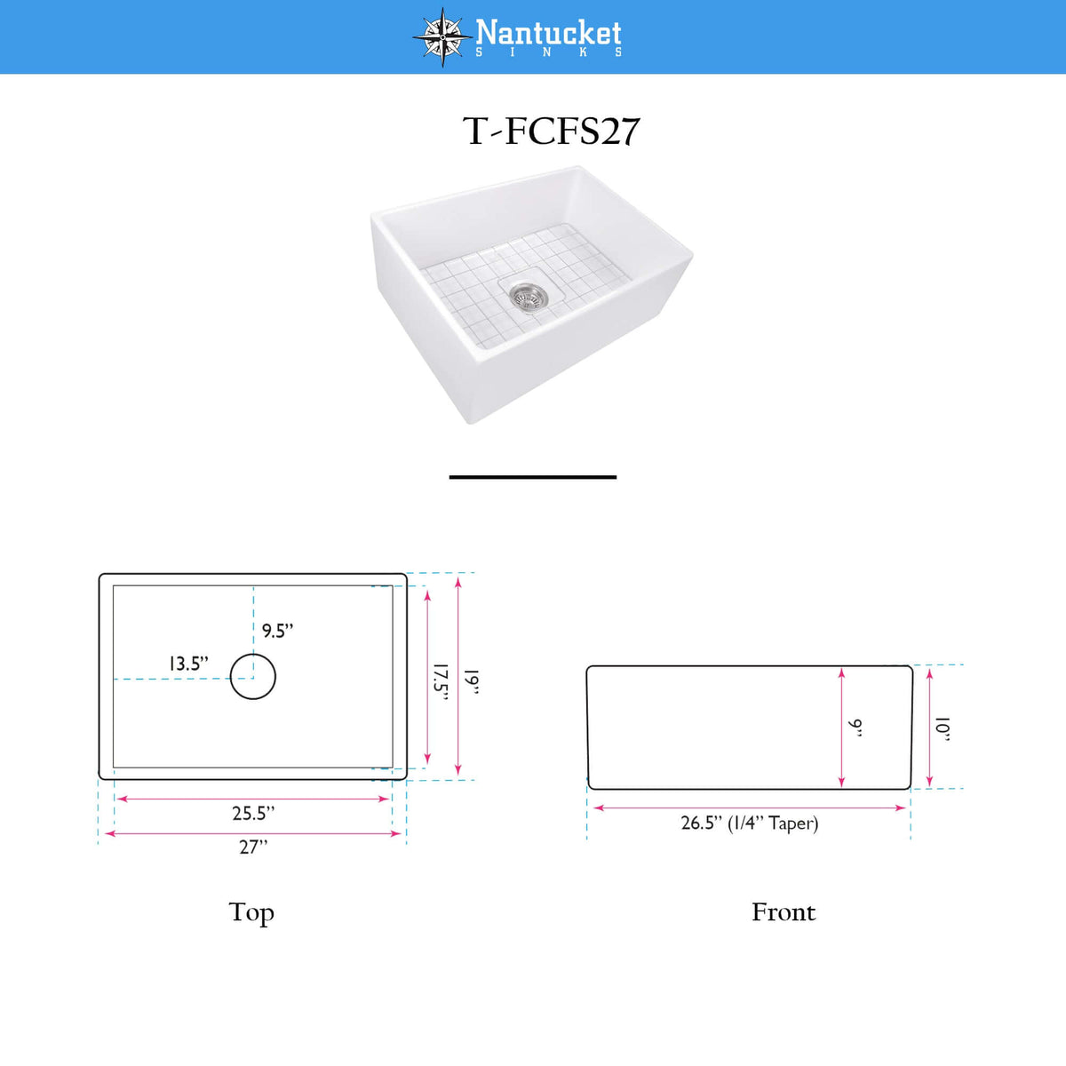 Nantucket Sinks Cape 27" Fireclay Farmhouse Sink, White, T-FCFS27