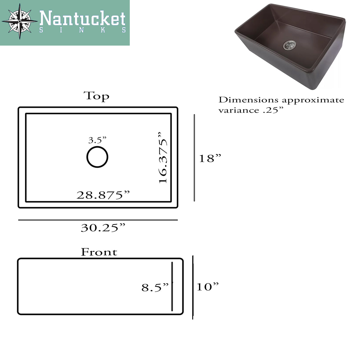 Nantucket Sinks Cape 30" Fireclay Farmhouse Sink, Coffee Brown, T-FCFS30CB