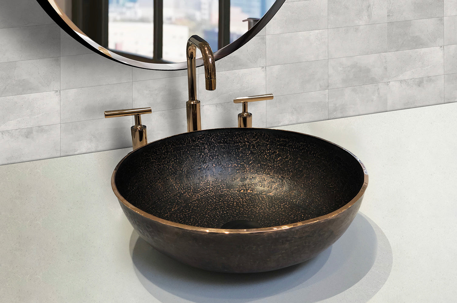 Alternate Image for Premier Copper Products 14" Round Vessel - Above Counter Terra Firma Copper Bathroom Sink, Dark Brown, 10 Gauge, TFVR14DB