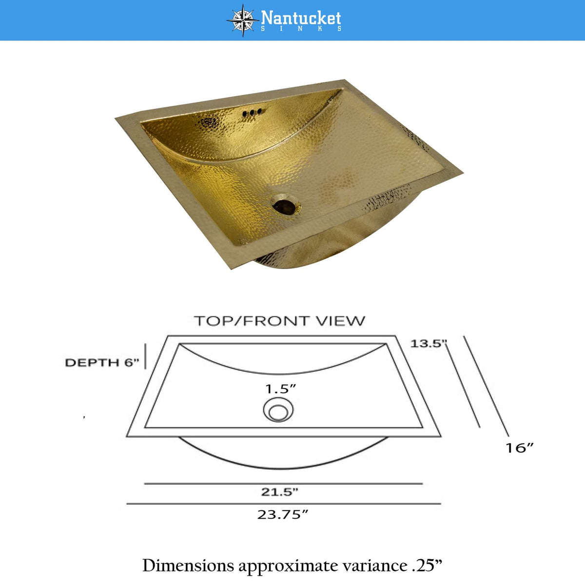 Nantucket Sinks Brightwork Home 24" Brass Bathroom Sink, TRB2416-OF