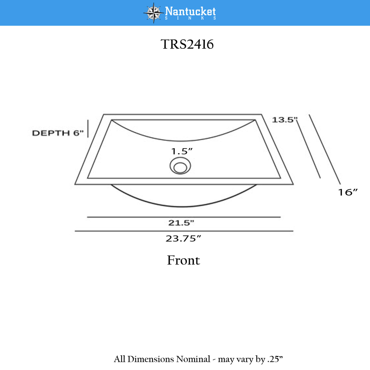 Nantucket Sinks Brightwork Home 24" Stainless Steel Bathroom Sink, TRS2416