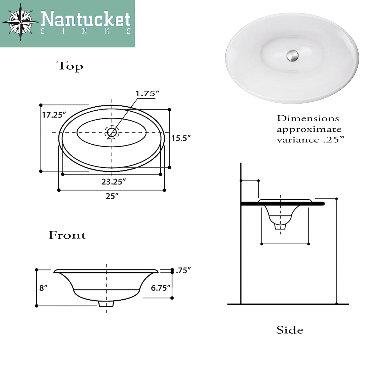 Nantucket Sinks Regatta 25" Fireclay Bathroom Sink, White, RC70640W