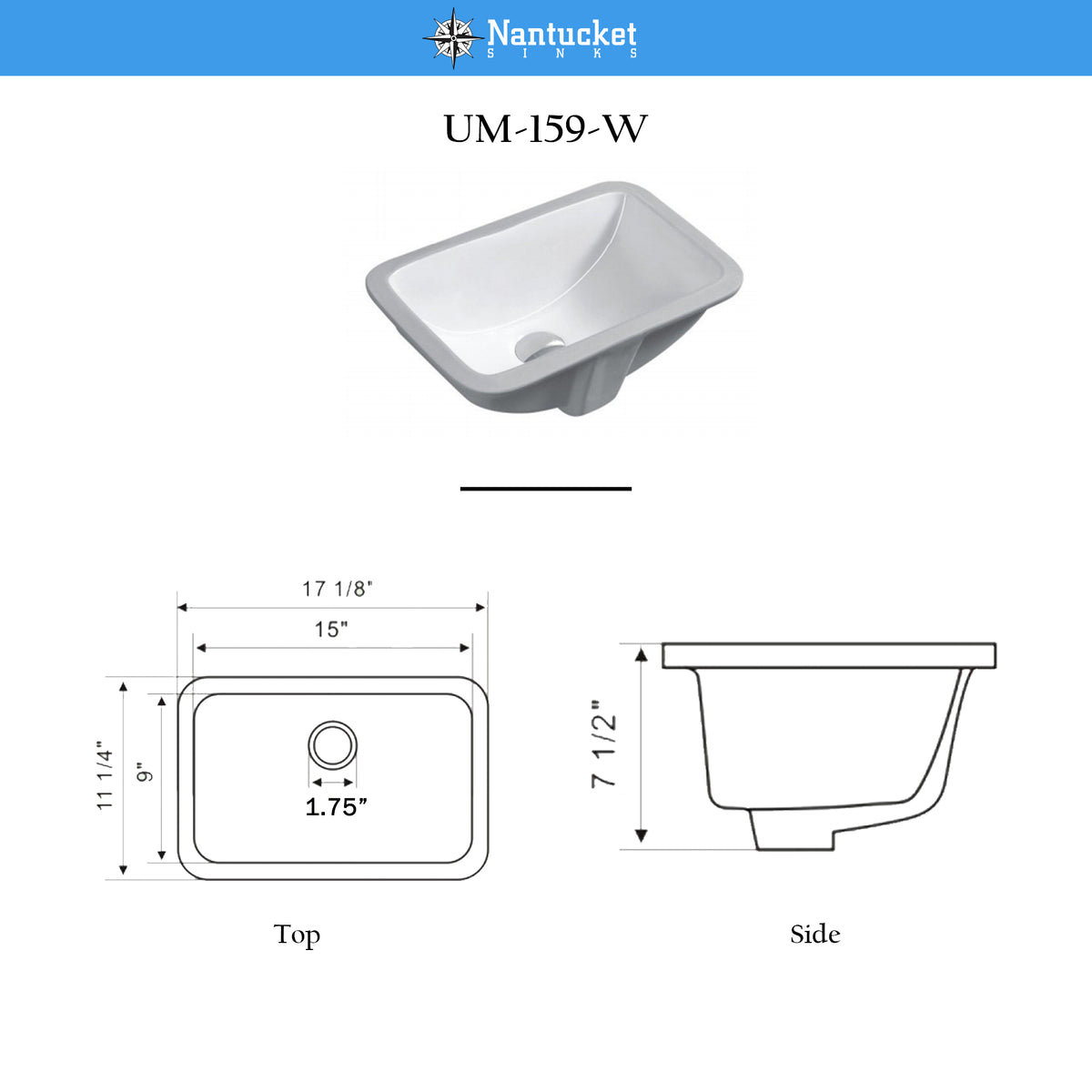 Nantucket Sinks Great Point 17" Rectangle Undermount Ceramic - Vitreous China Bathroom Sink, White, UM-159-W
