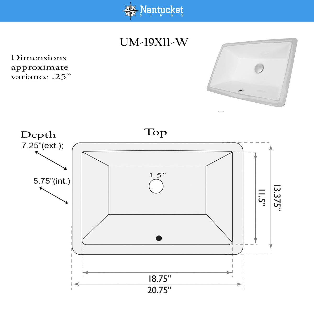 Nantucket Sinks Great Point 21" Ceramic Bathroom Sink, White, UM-19x11-W