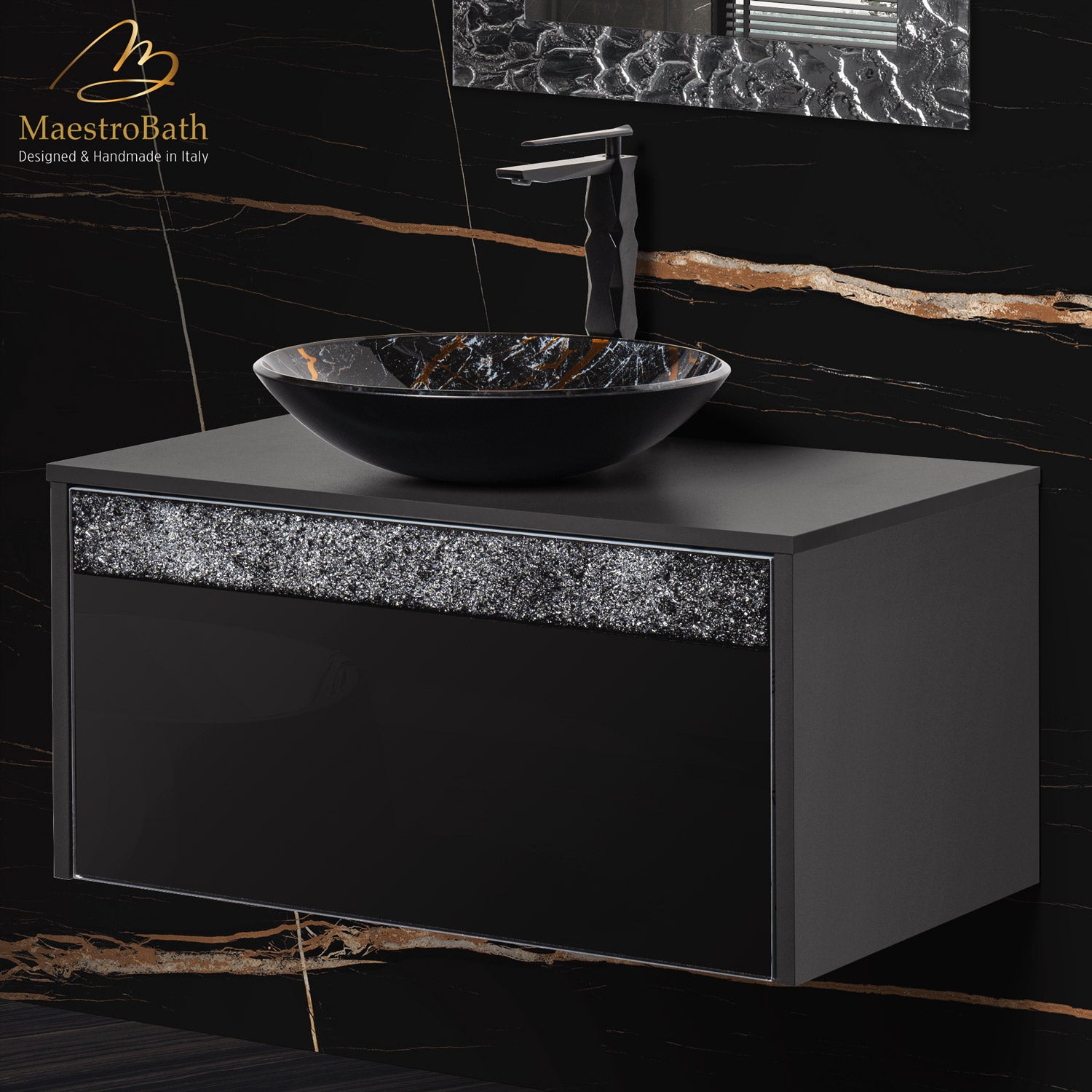MaestroBath Splendore Modern Single Bathroom Vanity 32", Durable Wood and Murano Crystals, Black, Grey and Black, VAN-SPL32-GRB