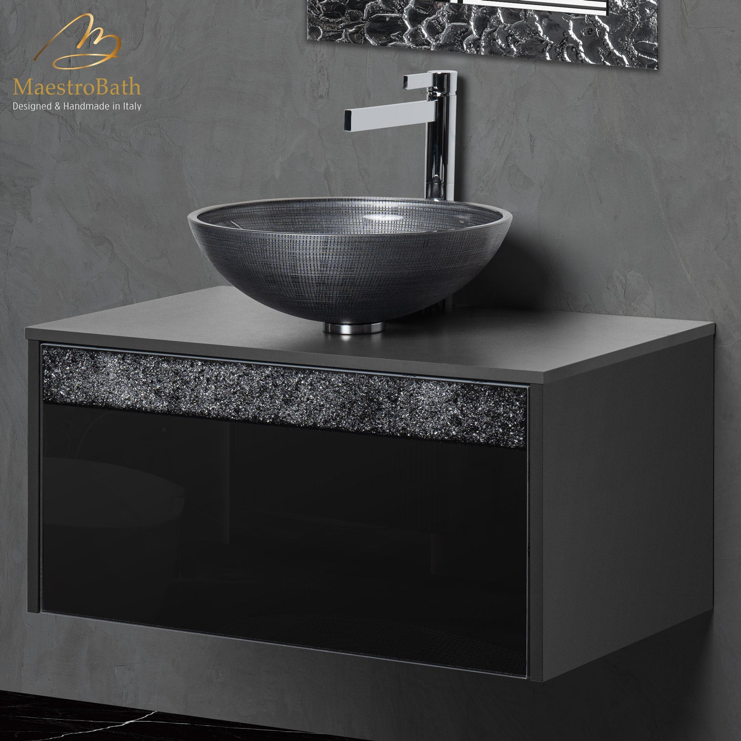 MaestroBath Splendore Modern Single Bathroom Vanity 32", Durable Wood and Murano Crystals, Black, Grey and Black, VAN-SPL32-GRB