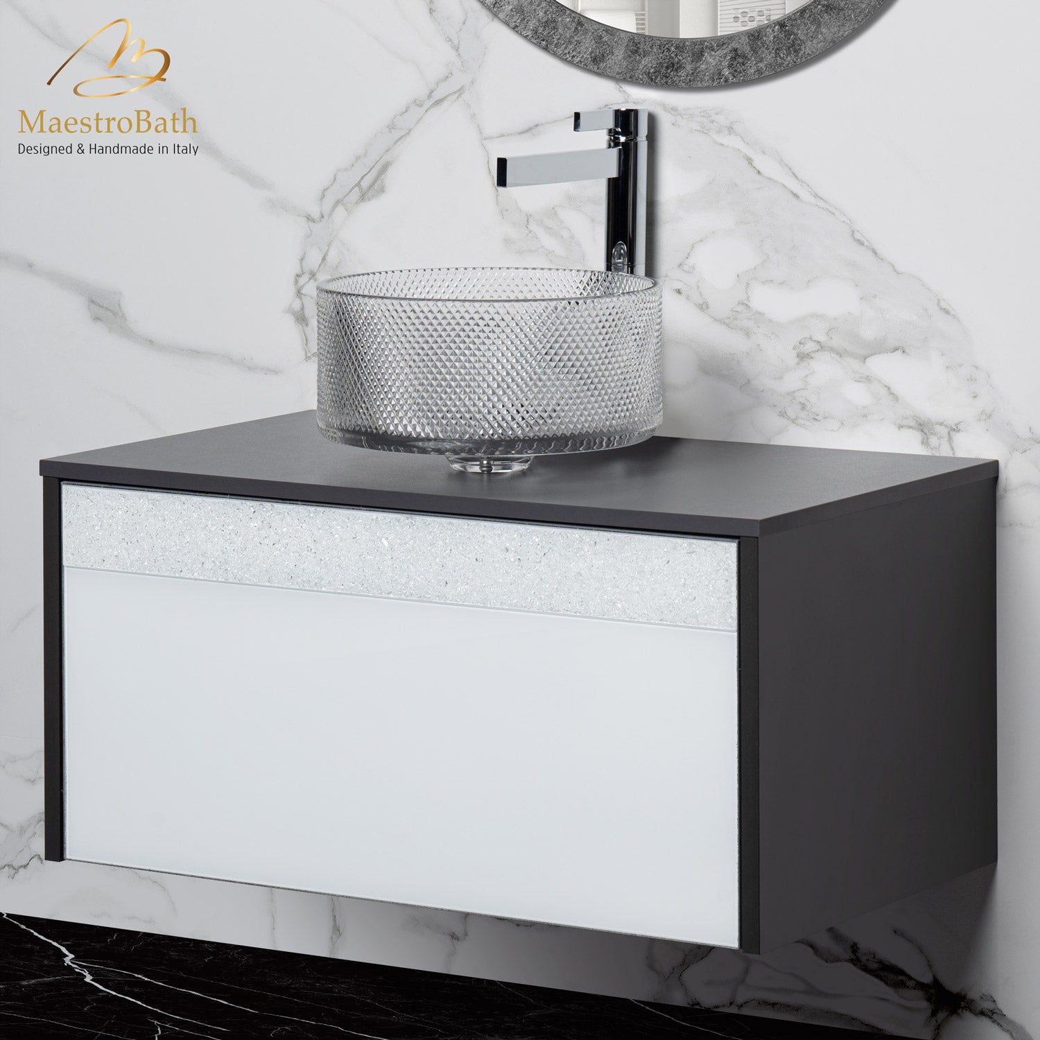 MaestroBath Splendore Modern Single Bathroom Vanity 32", Durable Wood and Murano Crystals, Gray, Grey and White, VAN-SPL32-GRW