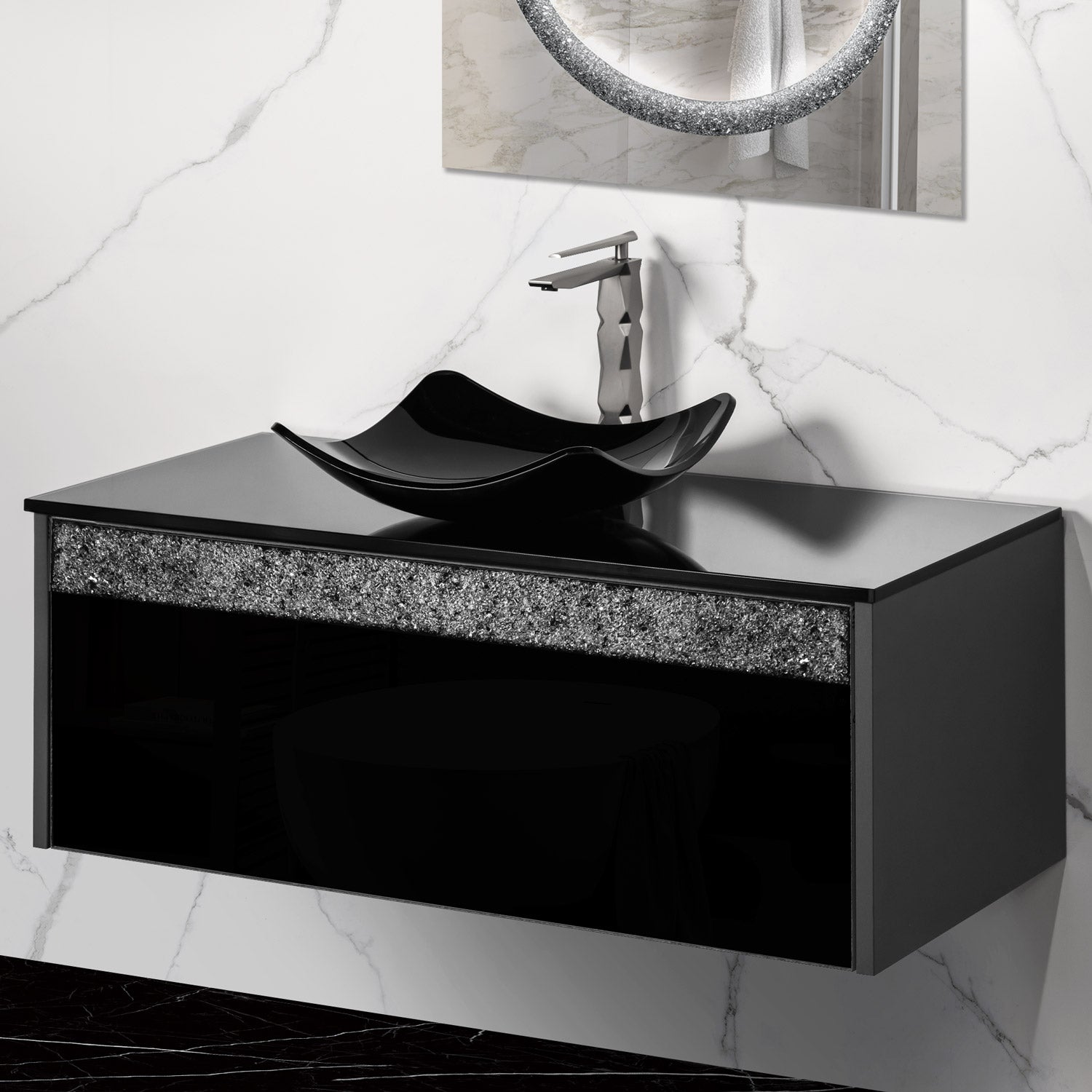 MaestroBath Splendore Modern Single Bathroom Vanity 40", Durable Wood and Murano Crystals, Grey and Black, VAN-SPL40-GRB