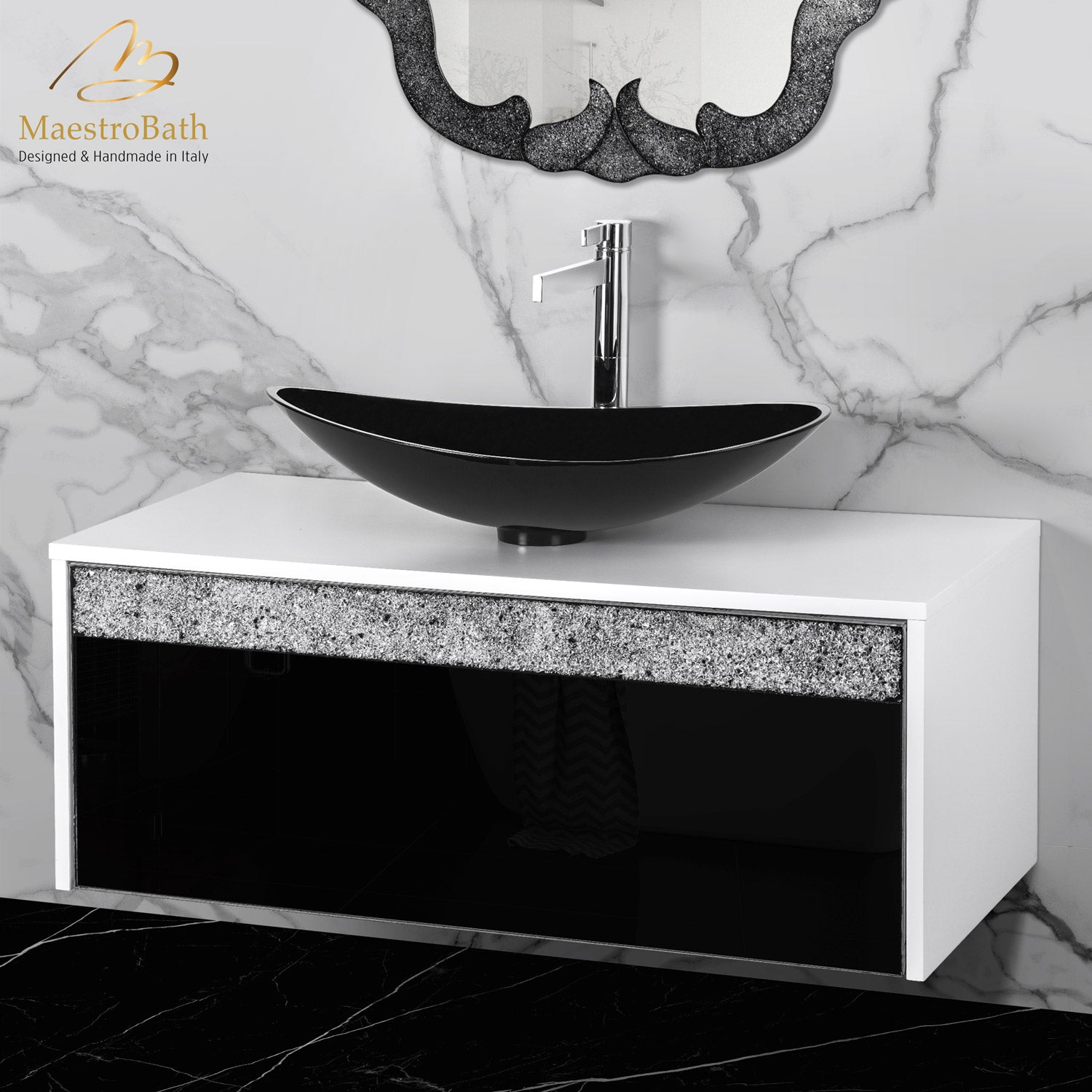 MaestroBath Splendore Modern Single Bathroom Vanity 40", Durable Wood and Murano Crystals, White and Black, VAN-SPL40-WHB