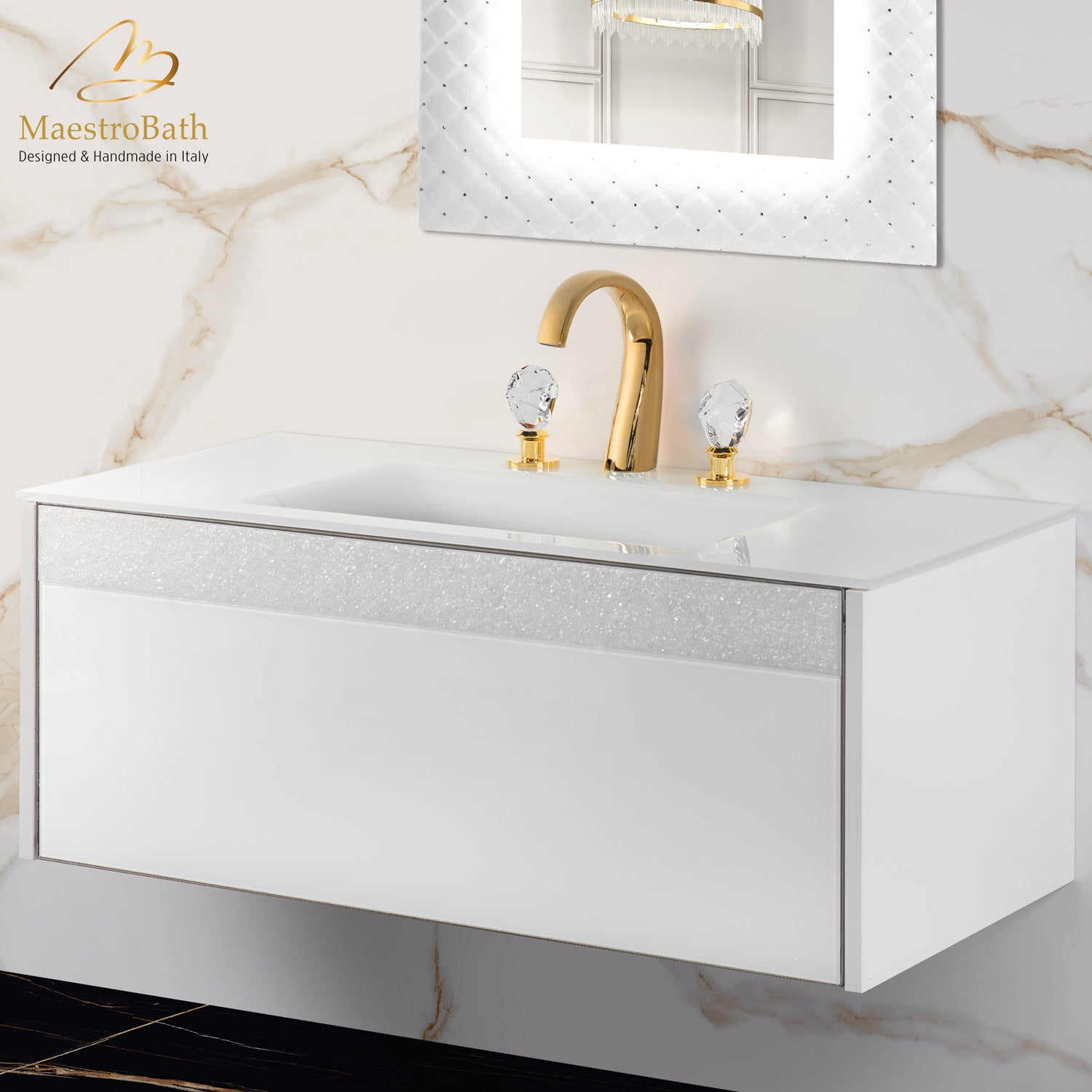 MaestroBath Splendore Modern 40" Single Bathroom Vanity, Wood and Murano Crystals, White, VAN-SPL40-WHW
