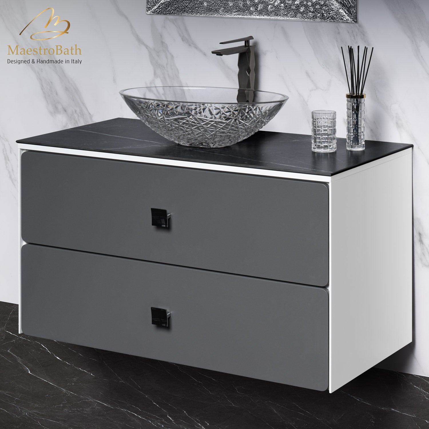 MaestroBath Serenita Modern Bathroom Vanity, White and Silver, 40", Wood, VAN-SRN40-WHS