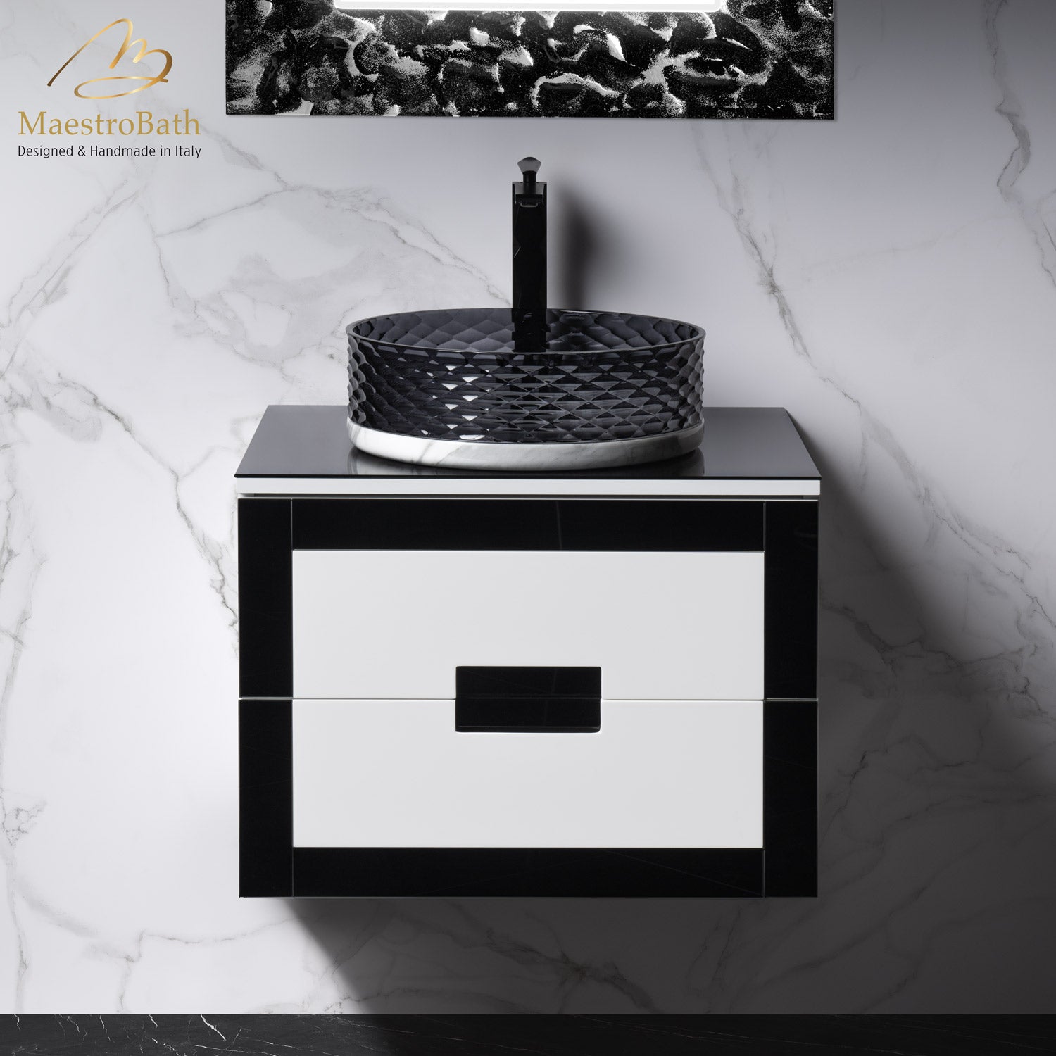 MaestroBath Petalo Luxury Bathroom Vanity, Black and White, 24, Wood, VAN-PTL24-BLW