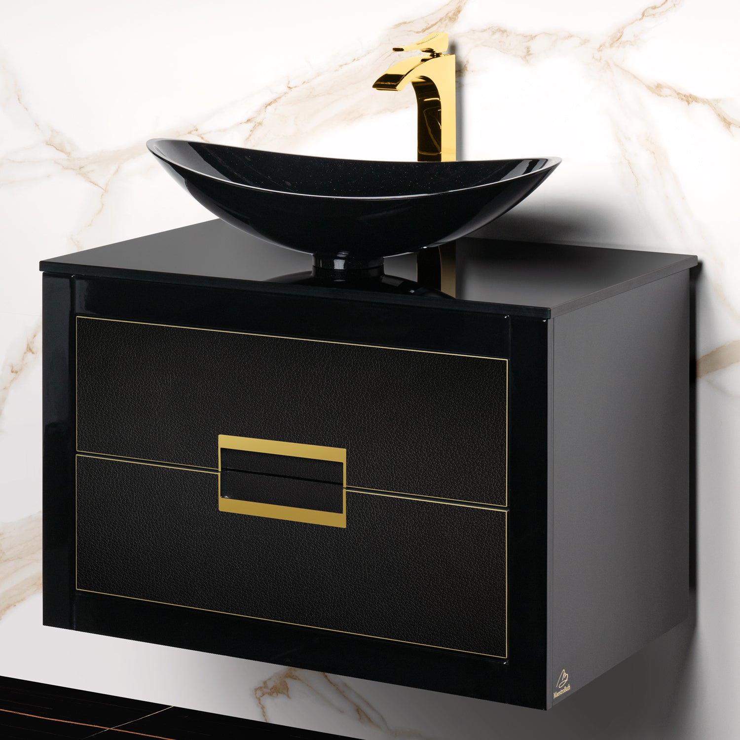 MaestroBath Dante 24" Modern Bathroom Vanity, Black and Gold, Wall-mounted, Glass Top: Flat, Wood, VANK-DNT-BG6