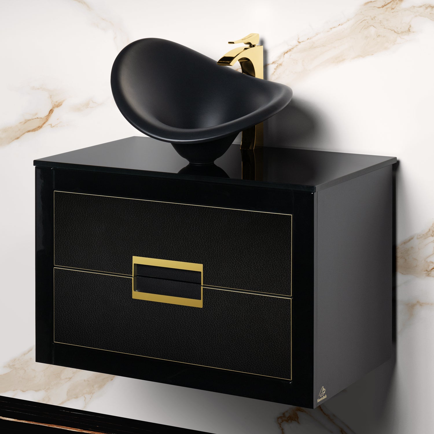 MaestroBath Dante 32" Modern Bathroom Vanity, Black and Gold, Wall-mounted, Glass Top: Flat, Wood, VANK-DNT-BG8