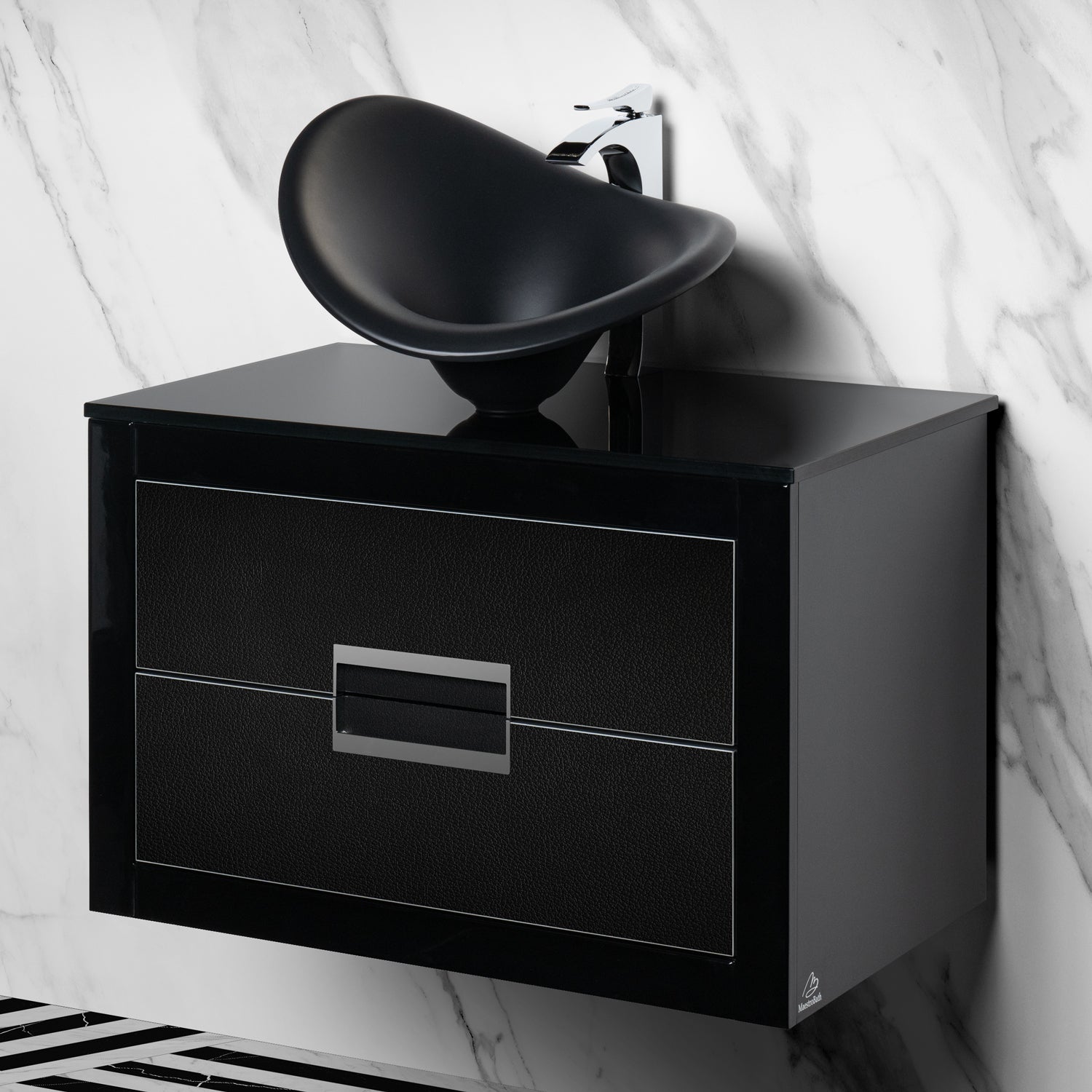 MaestroBath Dante 32" Modern Bathroom Vanity, Black and Silver, Wall-mounted, Glass Top: Flat, Wood, VANK-DNT-BS8