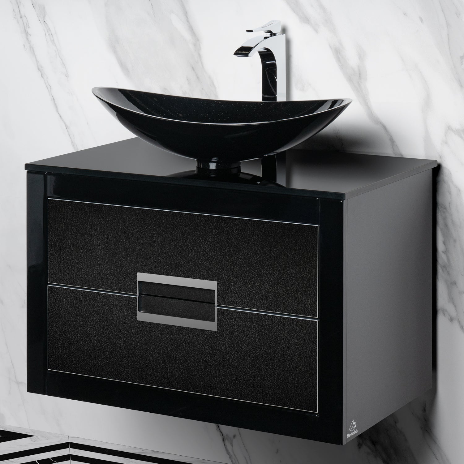 MaestroBath Dante 32" Modern Bathroom Vanity, Black and Silver, Wall-mounted, Glass Top: Flat, Wood, VANK-DNT-BS8