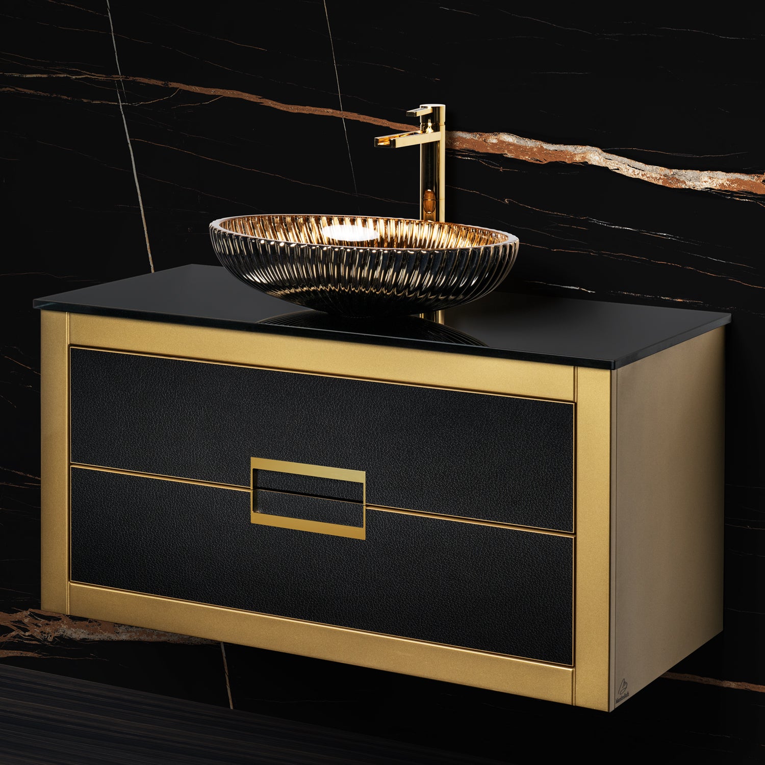 MaestroBath Dante 40" Modern Bathroom Vanity, Gold and Black, Wall-mounted, Glass Top: Flat, Wood, VANK-DNT-GL10