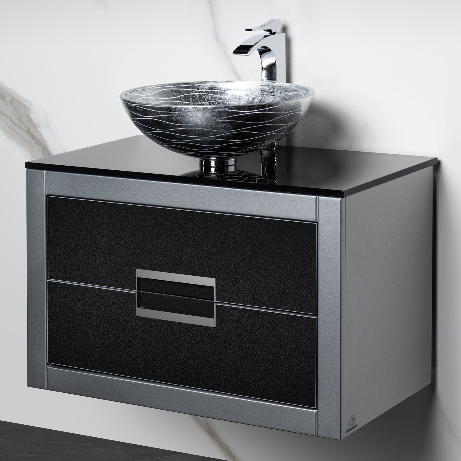 MaestroBath Dante 32" Modern Bathroom Vanity, Silver and Black, Wall-mounted, Glass Top: Flat, Wood, VANK-DNT-SL8