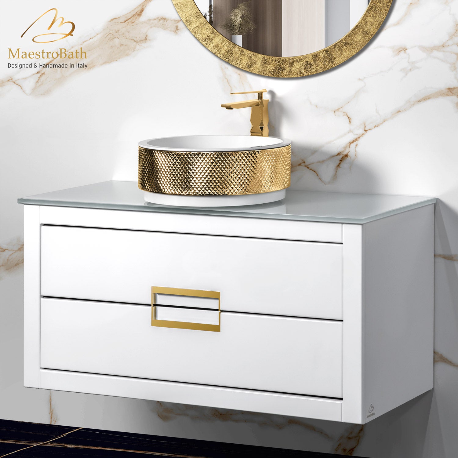 MaestroBath Dante 40" Modern Bathroom Vanity, White and Gold, Wall-mounted, Glass Top: Flat, Wood, VANK-DNT-WG10