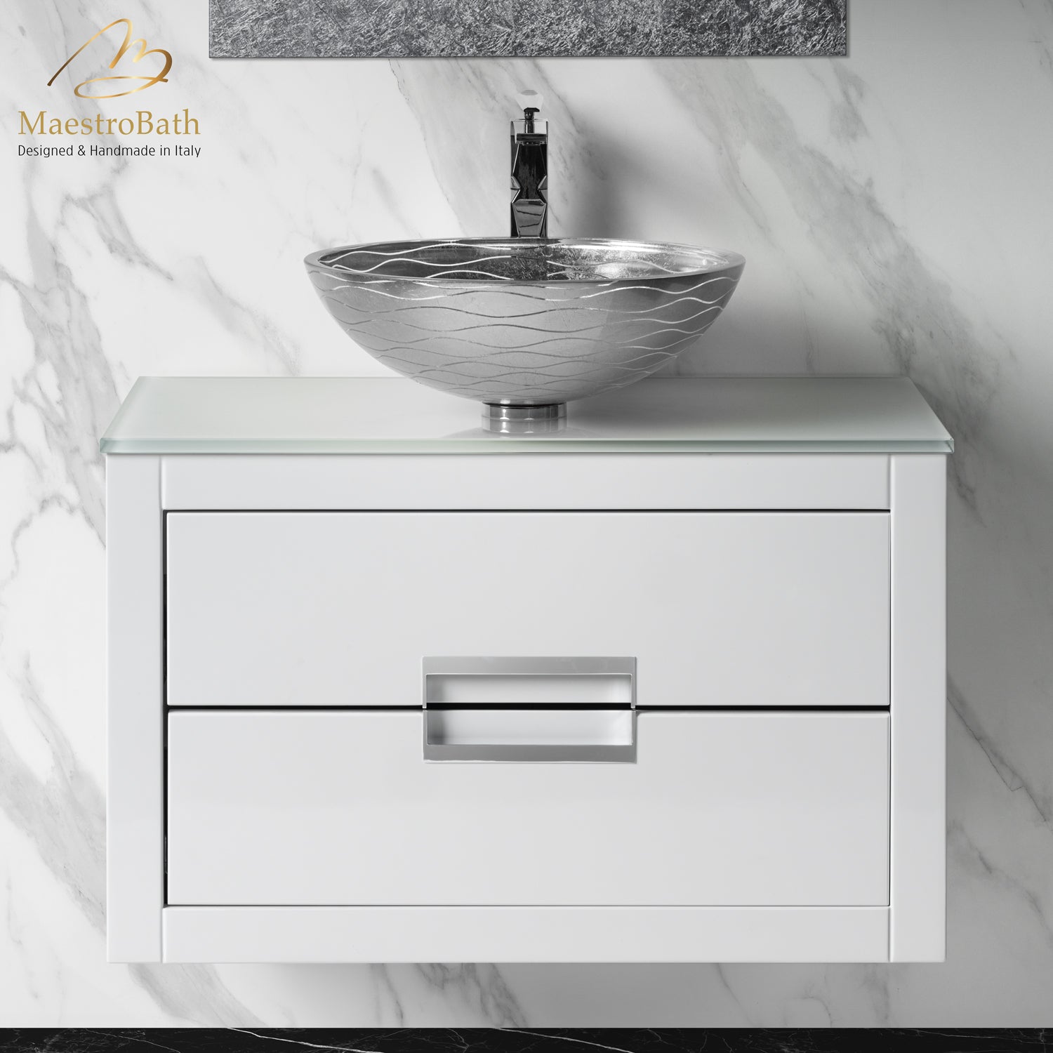 MaestroBath Dante 32" Modern Bathroom Vanity, White and Silver, Wall-mounted, Glass Top: Flat, Wood, VANK-DNT-WS8