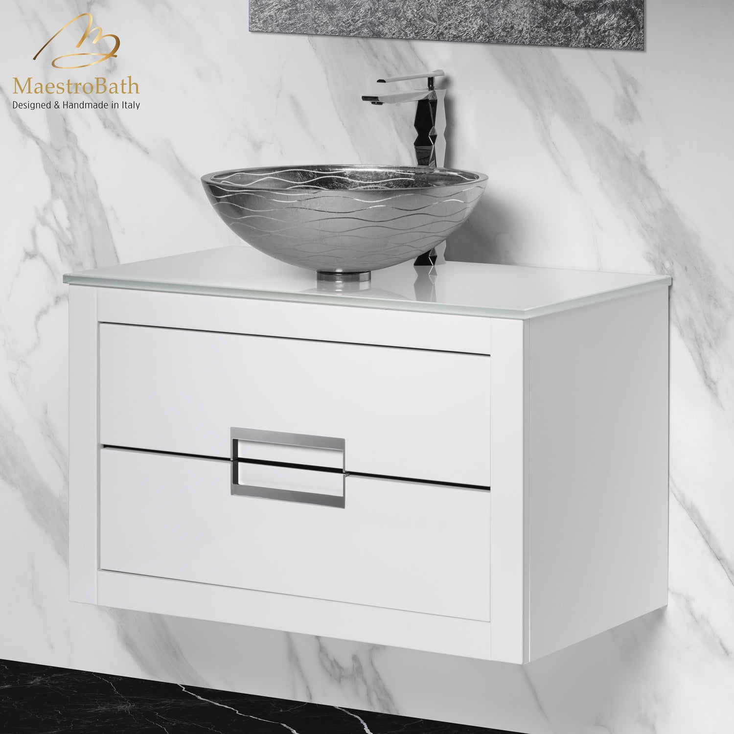 MaestroBath Dante 32" Modern Bathroom Vanity, White and Silver, Wall-mounted, Glass Top: Flat, Wood, VANK-DNT-WS8