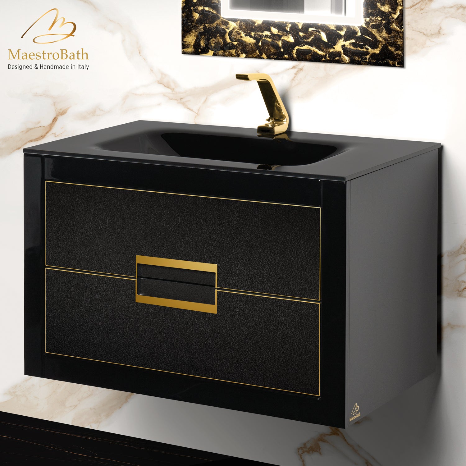 MaestroBath Dante 32" Modern Bathroom Vanity, Black and Gold, Wall-mounted, Glass Top: Integrated, Wood, VANK-DNTI-BG8