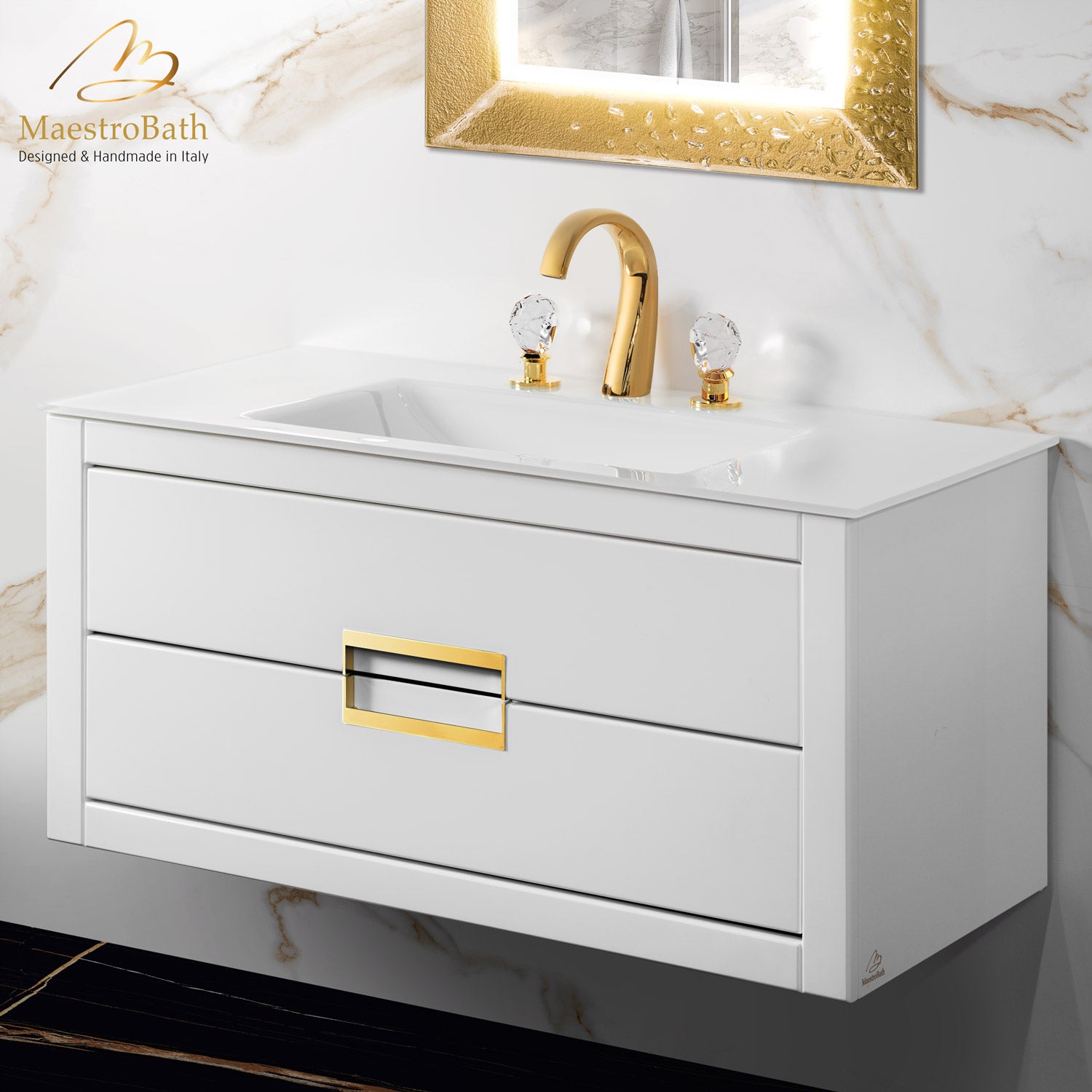 Alternate Image for MaestroBath Dante 40" Modern Bathroom Vanity, White and Gold, Wall-mounted, Glass Top: Integrated, Wood, VANK-DNTI-WG10