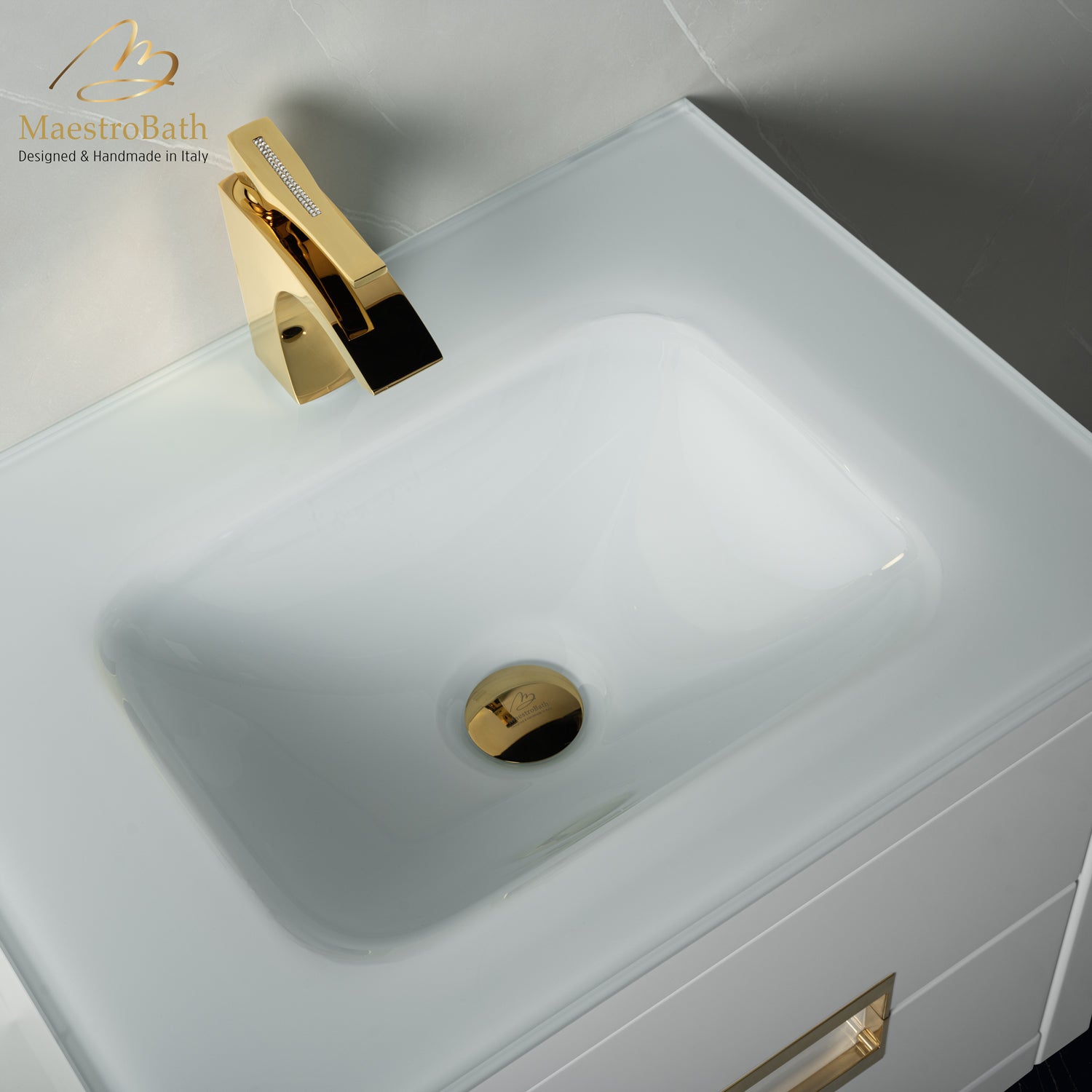 MaestroBath Dante 24" Modern Bathroom Vanity, White and Gold, Wall-mounted, Glass Top: Integrated, Wood, VANK-DNTI-WG6